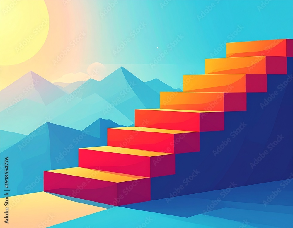 Fototapeta premium Ascending Staircase Leading Towards a Bright Horizon Amidst Majestic Mountains