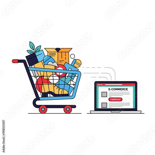 Online Shopping Cart and Laptop with E-commerce Checkout Screen