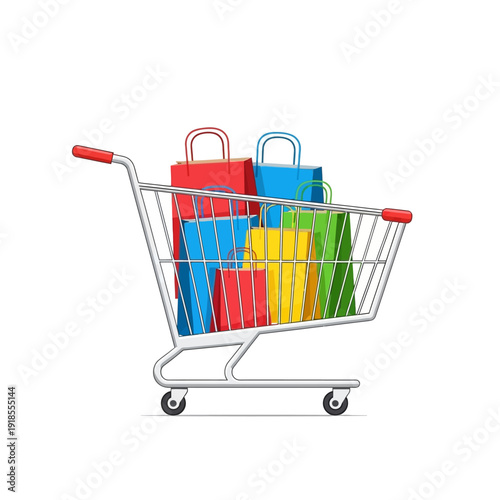 Shopping Cart Full of Colorful Bags - Retail, E-commerce, Consumerism