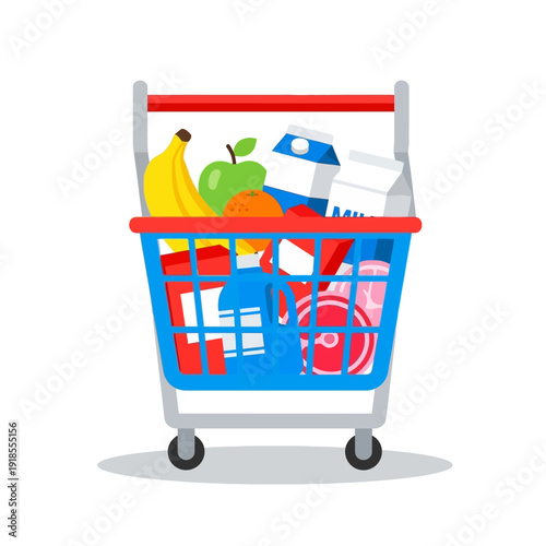 Full Grocery Shopping Cart with Fresh Fruits and Dairy Products Flat Design