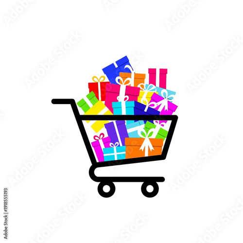 Shopping Cart Full of Colorful Gift Boxes, Online Shopping Concept