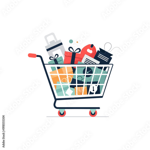 Shopping cart full of gifts and shopping bags, online shopping concept illustration