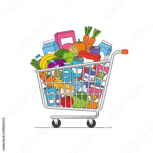 Full Grocery Shopping Cart with Fresh Produce and Packaged Goods