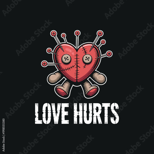 A voodoo doll heart with love hurts text. scary and bloody heart illustration, hand drawn in cartoon style