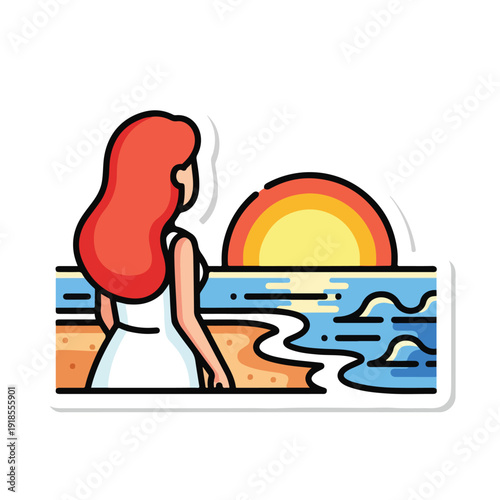 A woman with red hair looks at a beach sunset