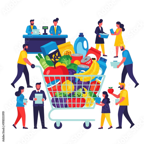 Diverse people shopping for groceries at supermarket, full shopping cart with fresh food.