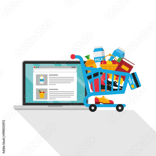 Online Shopping Cart Full of Groceries and Products Next to Laptop