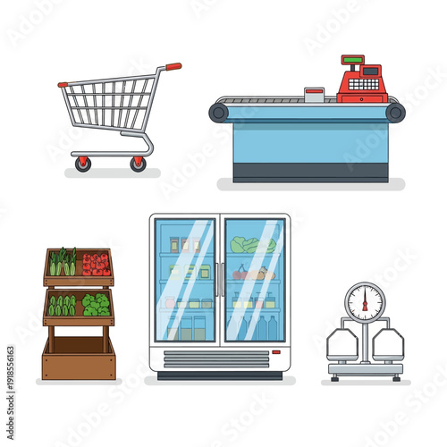 Supermarket Equipment Icons: Shopping Cart, Checkout, Fridge, Produce Stand, Scale