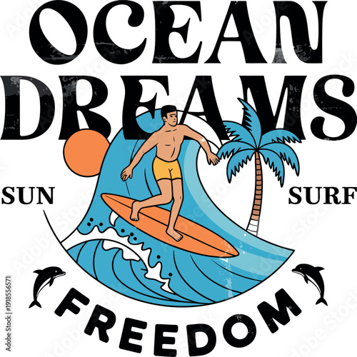 Ocean dreams surf emblem featuring surfer on wave with palm tree and dolphins