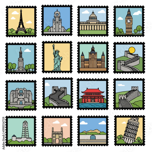 Colorful illustrations of famous landmarks on postage stamps