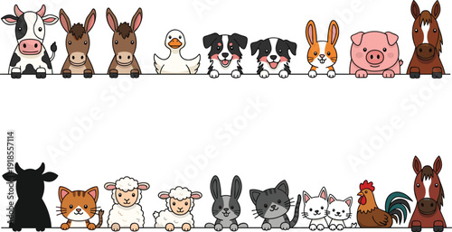 Set of two cute border designs featuring various cartoon domestic farm animals isolated on white background for kids.