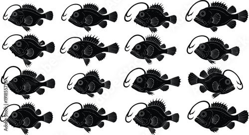 Collection of detailed black deep sea anglerfish silhouettes with glowing lures isolated on white background for marine designs.