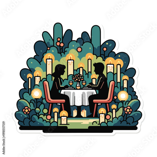 Cartoon couple dining romantically outdoors