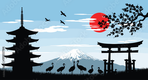 Beautiful traditional Japanese landscape silhouette featuring Mount Fuji a pagoda building Torii gate flying birds and red sun.