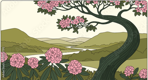 Beautiful vintage landscape illustration featuring a large tree with blooming pink flowers winding river and peaceful green rolling hills.
