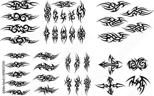 Abstract tribal tattoo line art, minimalist black and white decorative flourish ornament