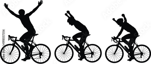 Set of detailed black silhouettes of competitive cyclists riding racing bicycles with one celebrating victory isolated on white background.