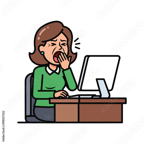 A woman yawns at her desk