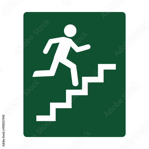 A white pictogram of a person running up stairs on a green background, indicating an emergency exit or escape route.