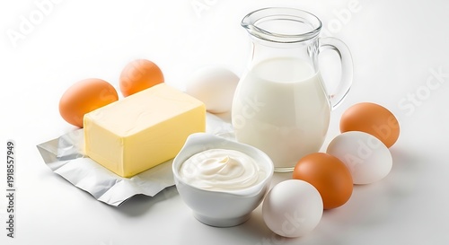 Dairy products and eggs on a white surface with milk and butter
