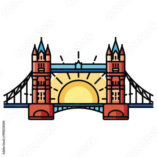 Colorful cartoon image of a bridge with towers