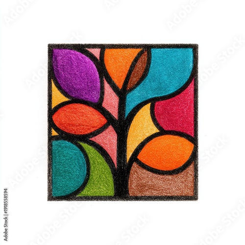 Abstract stained-glass-style tree with vibrant, colored segments