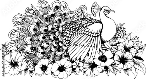 illustration vector peacock bird, animal, nature, feather, design, blue, green, colorful, plume, tail, art, graphic, pattern, exotic, beauty, isolated, elegance, wildlife, ornate, decorative, portrait