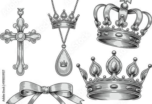 Vintage crown illustration, royal jewelry engraving, ornate cross design, antique bow ribbon, regal crown artwork, monochrome engraving, classic royalty symbols