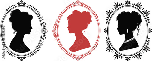 Vintage female silhouettes, ornate oval frames, decorative portrait art, classical profile icons, floral motifs, elegant design, artistic vector illustration