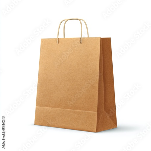 Plain brown paper shopping bag with string handles on white background