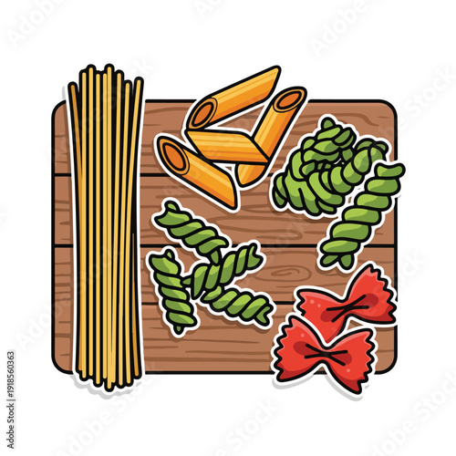 Colorful pasta on wooden board