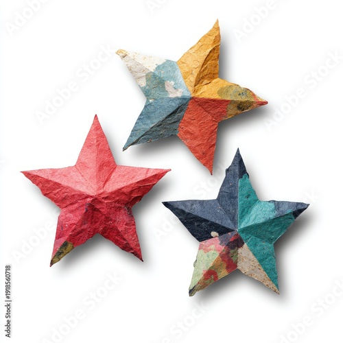 Three textured, colorful, five-pointed paper stars scattered on a white background