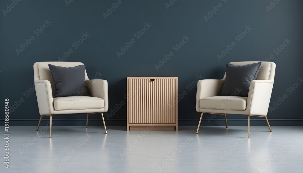 Fototapeta premium Two white chairs with black pillows are placed on either side of a wooden table against a dark blue wall in a room.