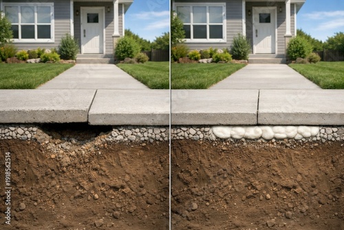 Concrete slab lifting and repairing with foam injection, stabilizing a sunken pathway in front of a house