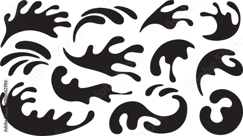 Set of black abstract water splashes and liquid elements