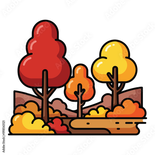 Colorful cartoon trees on a hillside