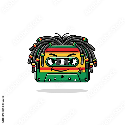 Funny Cassette Tape Character with Dreadlocks and Rastafarian Colors