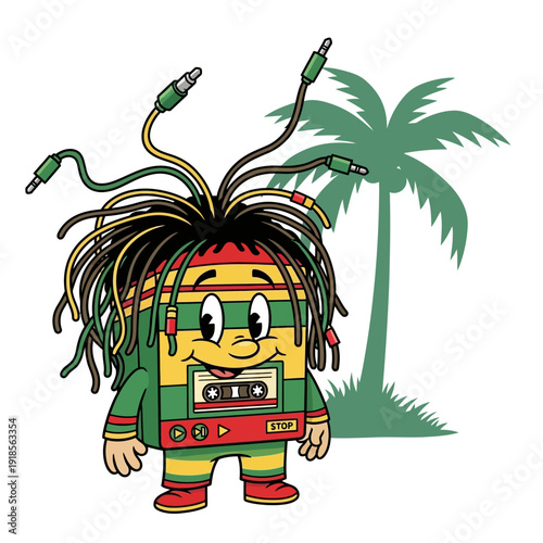 Rasta Cassette Tape Character with Dreadlocks and Palm Tree - Music Concept