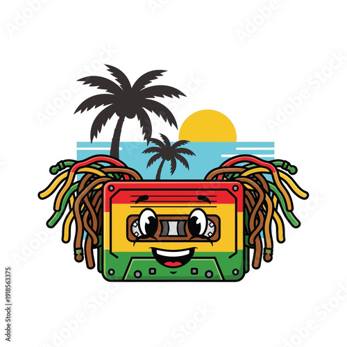 Cartoon Cassette Tape with Rasta Dreadlocks and Tropical Beach Background