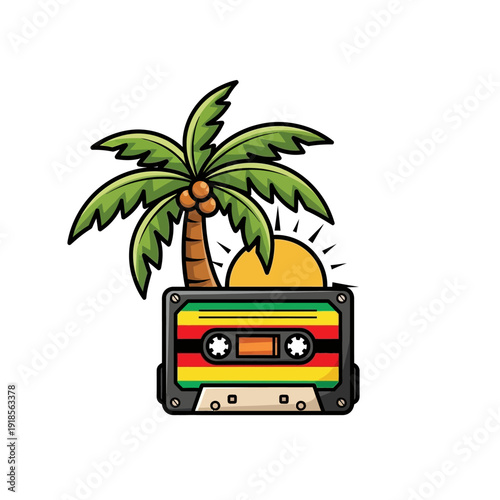 Retro Cassette Tape with Palm Tree, Sun, and Rasta Colors