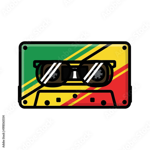 Retro Cassette Tape with Sunglasses, Rasta Colors, Music Icon
