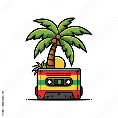 Retro Cassette Tape with Palm Tree and Sun, Rasta Colors