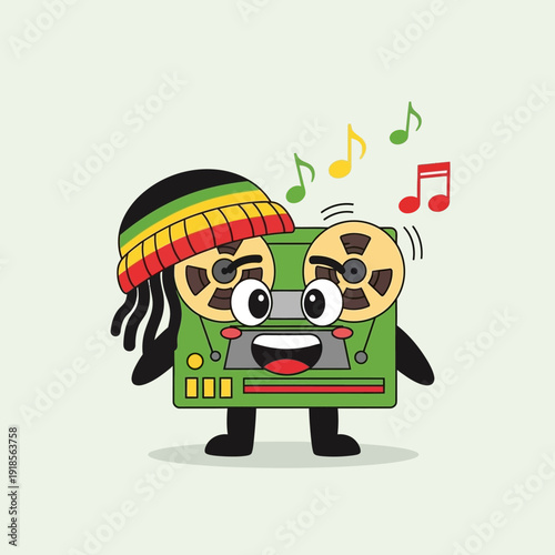 Cute Reel-to-Reel Tape Recorder Character with Rasta Hat and Musical Notes