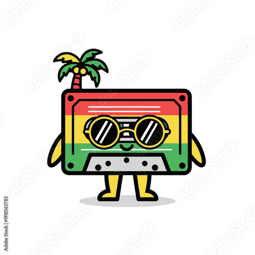 Cute Cassette Tape Character with Sunglasses and Palm Tree