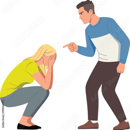 Conflict, confrontation, bullying, scolding, emotional stress, workplace tension, argument, pointing finger, crouched person, harassment, intimidation, mental health, pressure, anxiety