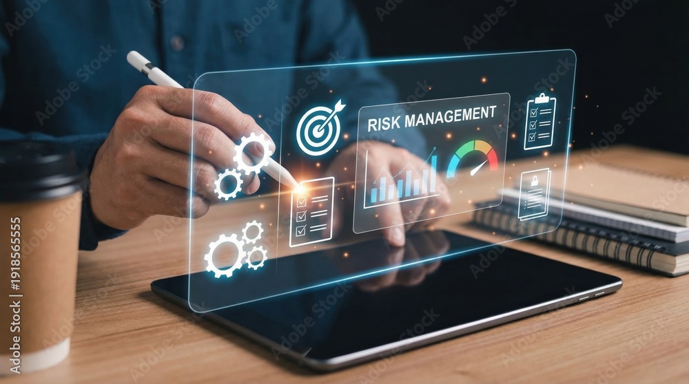 Obraz premium Business Professional Utilizing Digital Tablet for Interactive Risk Management Analytics Dashboard Optimization Featuring Checklist and Performance Metrics Visualization