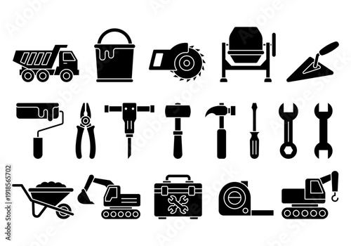 Heavy Equipment and Construction Machinery Collection with Industrial Tools Set