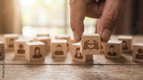 HR manager optimizing employee engagement by selecting wooden cube with hand heart icon among team avatars for inclusive workplace culture and organizational well-being success