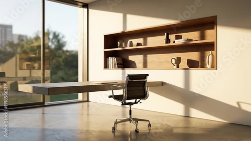 Modern home office interior with desk with chair, sunlight, shelves, and and window view.