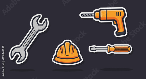 Construction & Repair Tools Sticker Icons: Wrench, Drill, Screwdriver, and Safety Helmet for DIY, Home Improvement, and Industrial Work